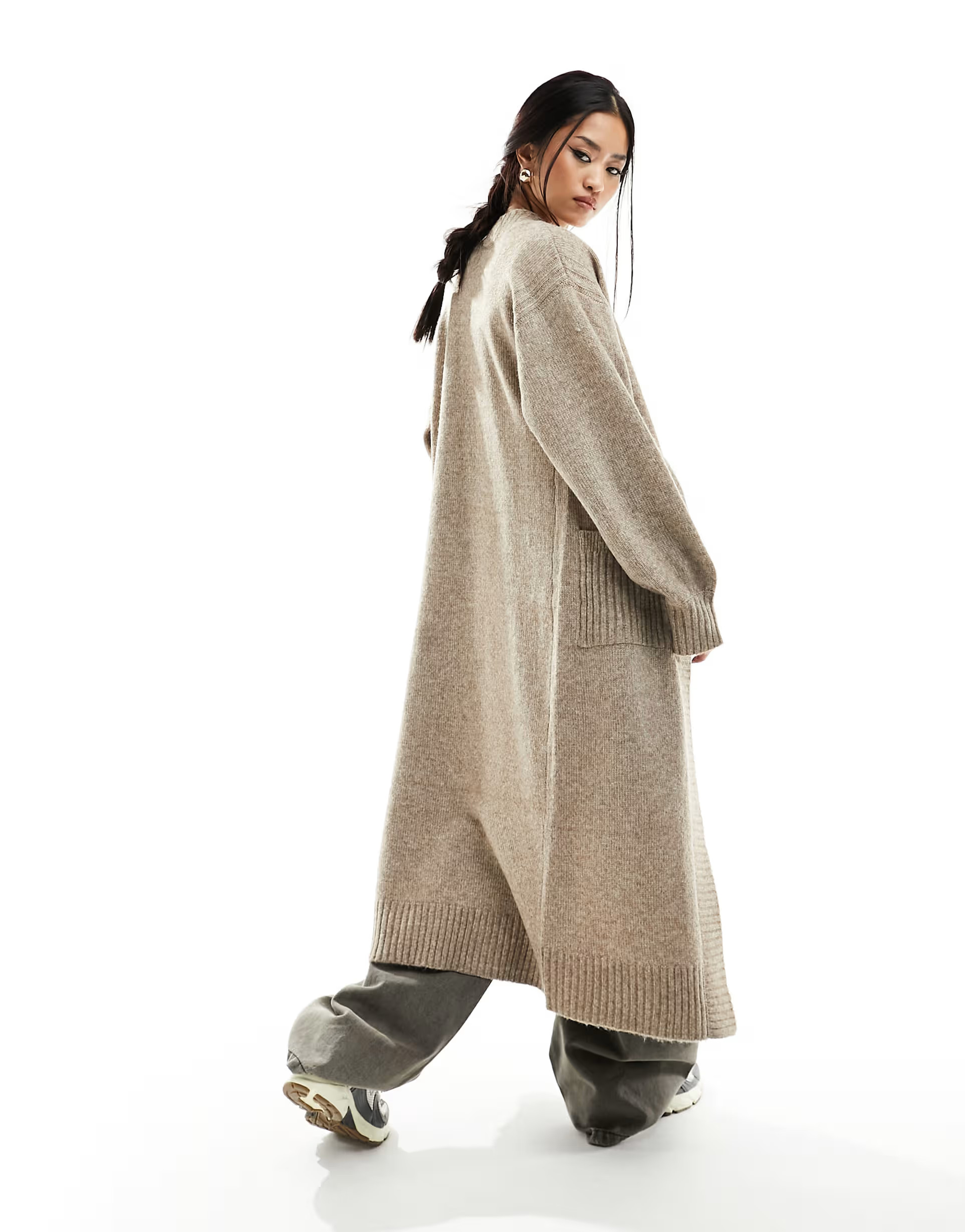 River Island cozy maxi cardigan with gold button detail in beige | ASOS (Global)