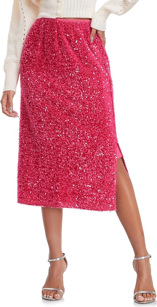 Women’s Sequin Velvet Skirt Elastic High Waist Sparkle Split Hem Night Out Party Maxi Skirt | Amazon (US)