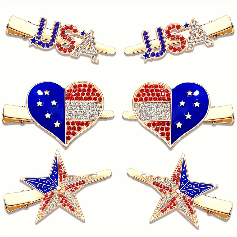 3 Pairs American Flag Hair Clips 4th of July Patriotic Hairpins for Women Rhinestone Enamel Heart... | Amazon (US)