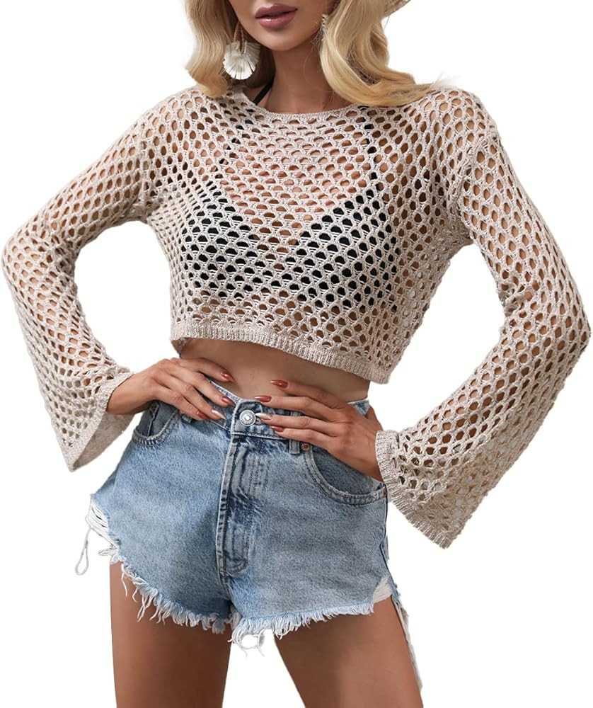 Creerer Women Mesh Crochet Crop Tank Top Hollow Out Knit Sweater Bikini Beach Cover Ups | Amazon (US)