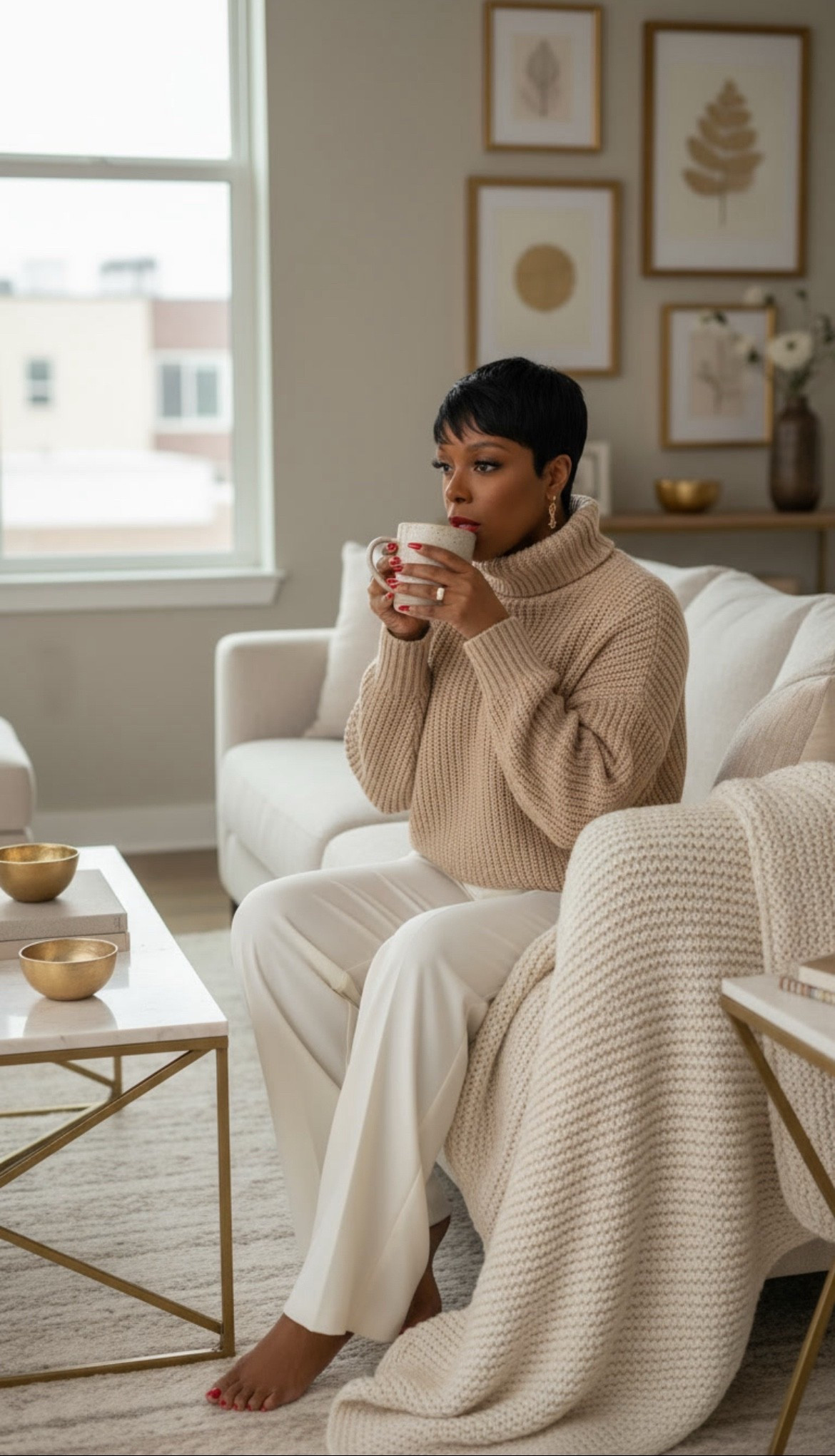 Saturday softness. ☕ Wrapped in my favorite chunky knit and neutral tones it’s that calm between holiday chaos and quiet confidence. Cozy textures, gold accents, and a moment for me before the season speeds up. ✨

#LTKSeasonal #LTKOver40 #LTKHoliday