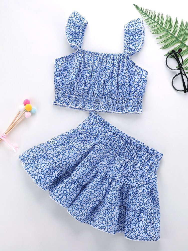Toddler Girls Ditsy Floral Shirred Ruffle Trim Top & Paperbag Waist Skirt | SHEIN