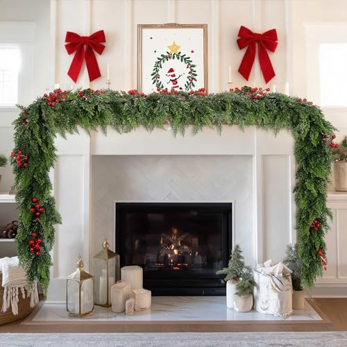 Homiton 9ft Christmas Cedar Garland, Real Touch Pine Cypress Garland with Red Berries, Artificial Greenery Garlands for Mantle Fireplace Table Outdoor Indoor Christmas Decoration (9 FT) | Amazon (US)