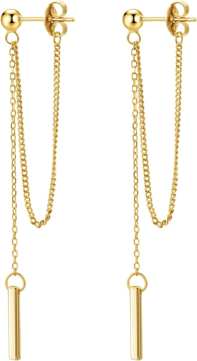 Chain Earrings for Women 18K Gold Plated Dainty Bar Drop Dangle Earrings Long Threader Earring Hy... | Amazon (US)