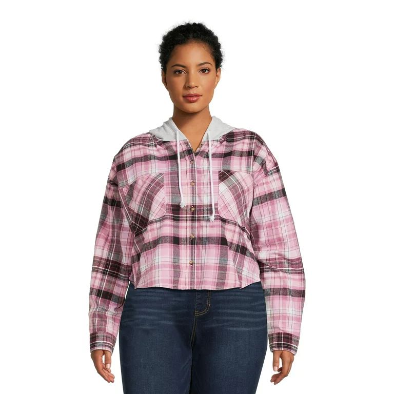 No Boundaries Juniors Plus Size Hooded Plaid Flannel Shirt | Walmart (US)