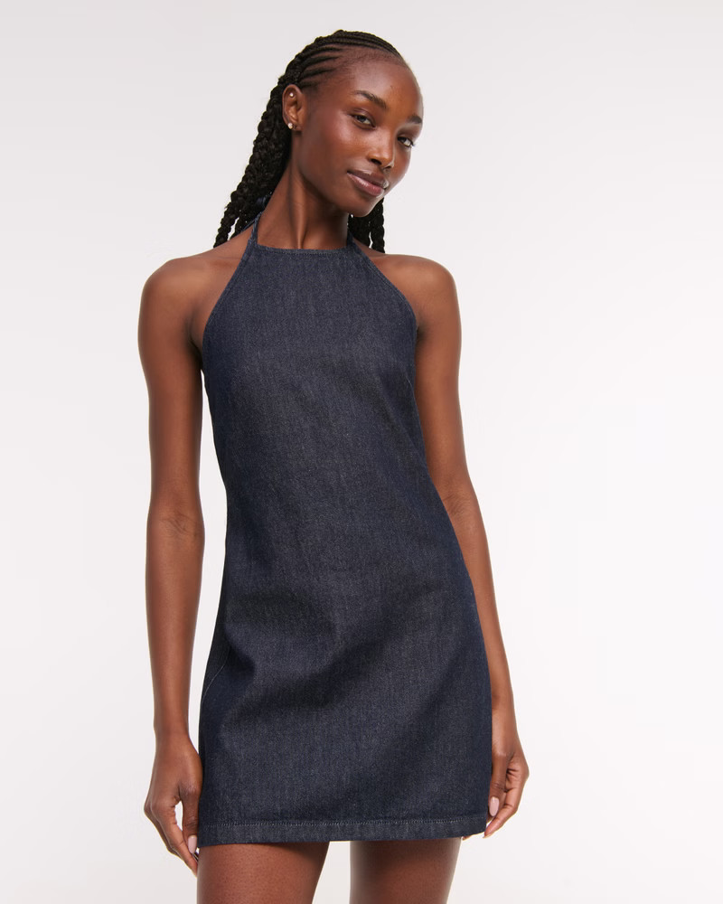 Open-Back Halter Denim Mini Dress | Abercrombie & Fitch (US)
