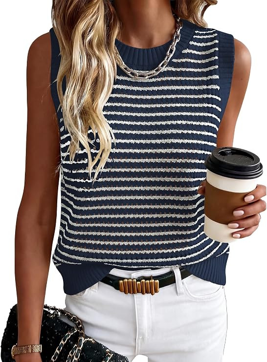 ANRABESS Womens Sleeveless Sweater Vest Striped Tank Tops | Crochet Knit Crew Neck, Lightweight S... | Amazon (US)