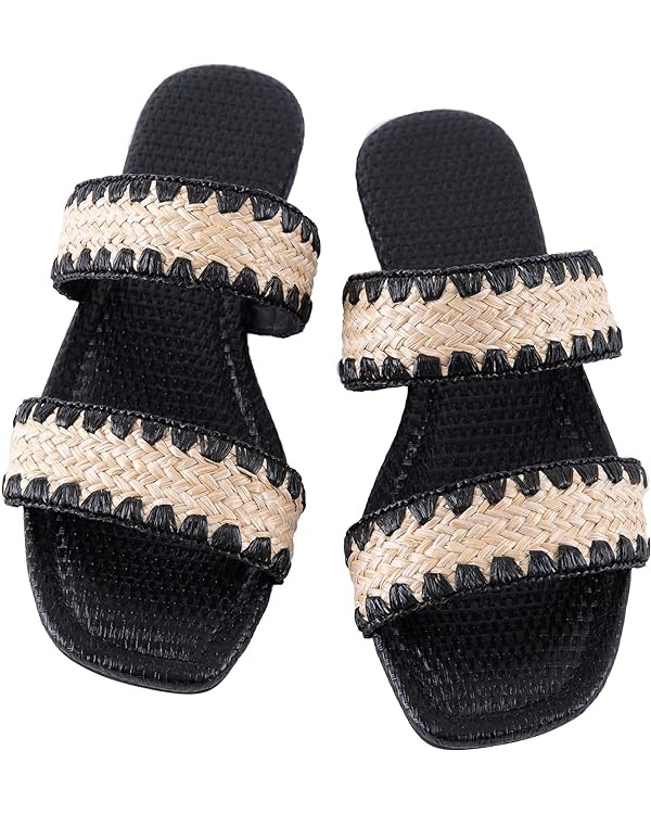 Mtzyoa Women's Sandals Casual Braided Dressy Summer Square Toe Quilted Flat Sandals | Amazon (US)