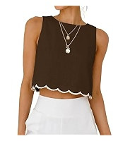 IDEALSANXUN Womens High Neck Linen Tank Tops Spring Summer Scallop Hem Cropped Sleeveless Shirts ... | Amazon (US)