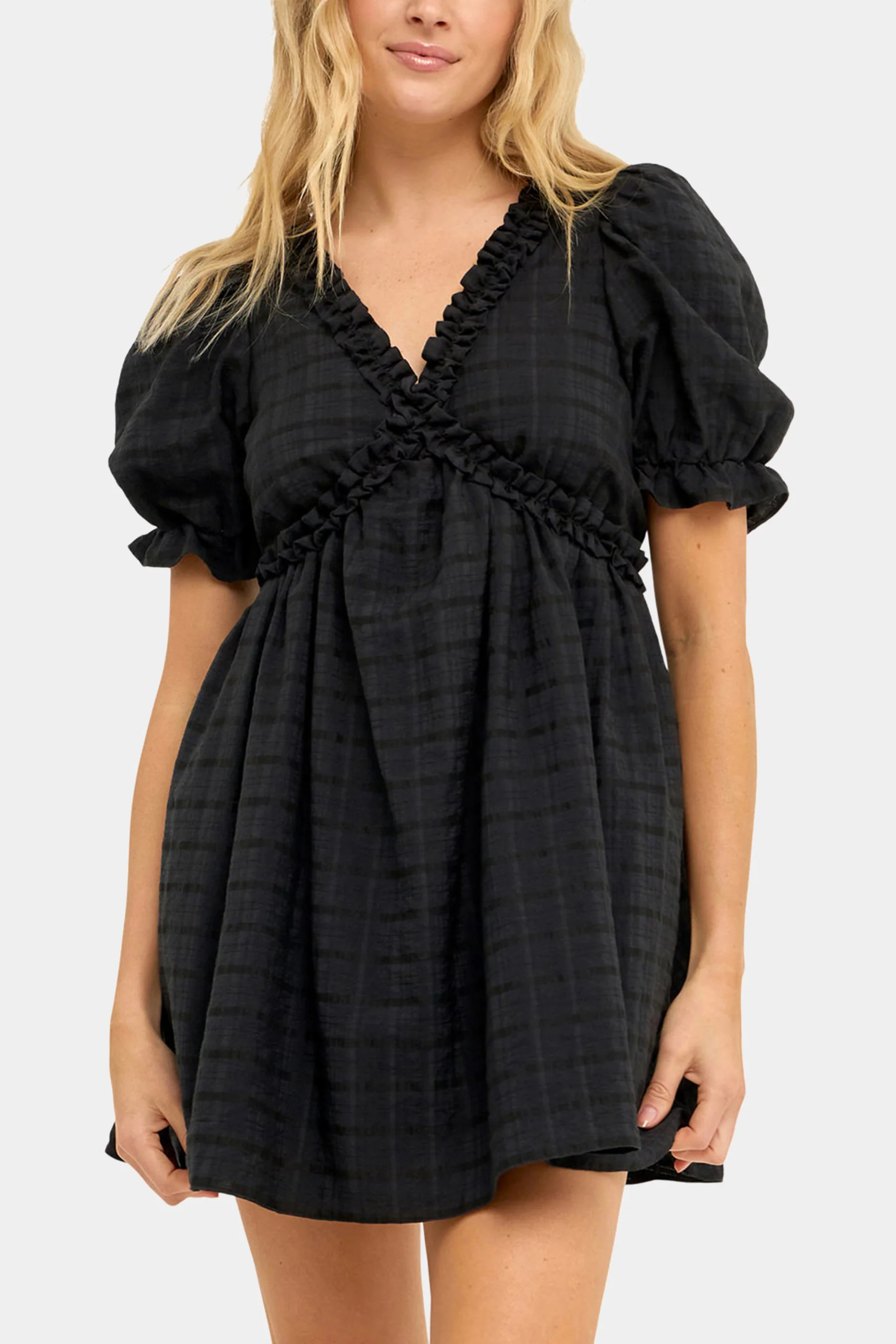 Free the Roses Women's Double Ruffled Band Mini Puff Sleeve Dress in Black Small Lord & Taylor | Lord & Taylor