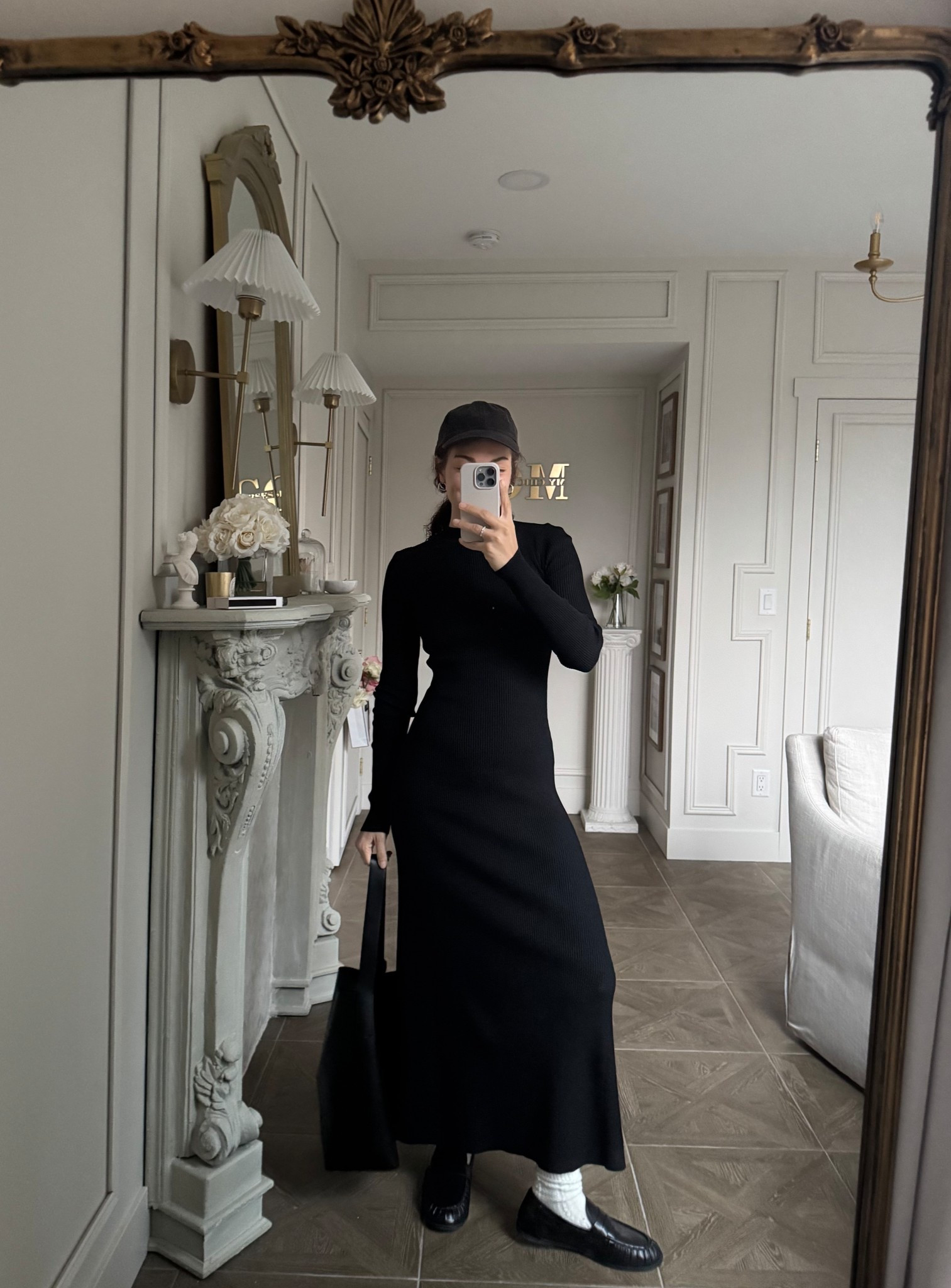 Style a long sleeve sweater dress or knit dress in a casual chic way with a baseball cap, tote bag, loafers, and socks 

#LTKootd