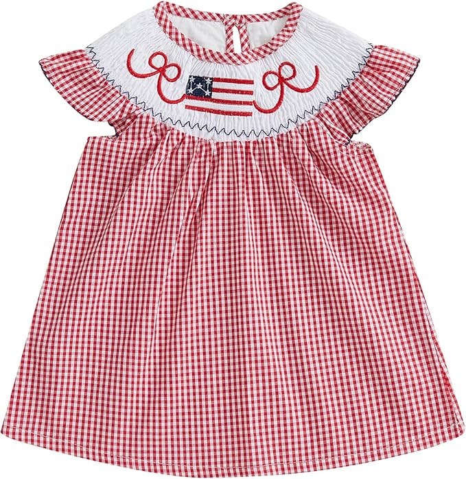 MoZiKQin 4th of July Baby Girl Outfit Toddler USA Dress Ruffle Sleeve American Flag Smocked Dress... | Amazon (US)