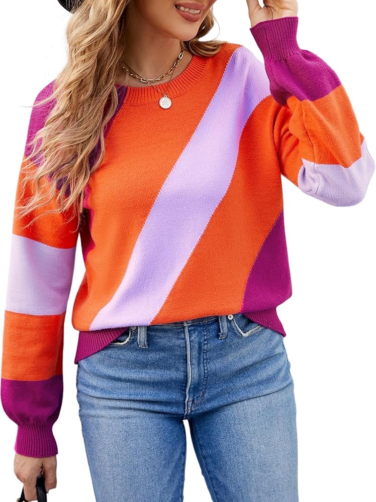 ECOWISH Women Sweater Long Sleeve - 2023 Fall Striped Round Neck Pullover Knit Tops Cute Casual C... | Amazon (US)
