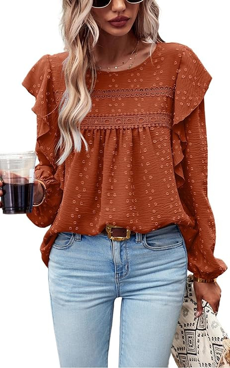 PRETTYGARDEN Women's Long Sleeve Blouses Ruffle Swiss Dot Crochet Loose Fit Tunic Dressy Casual T... | Amazon (US)