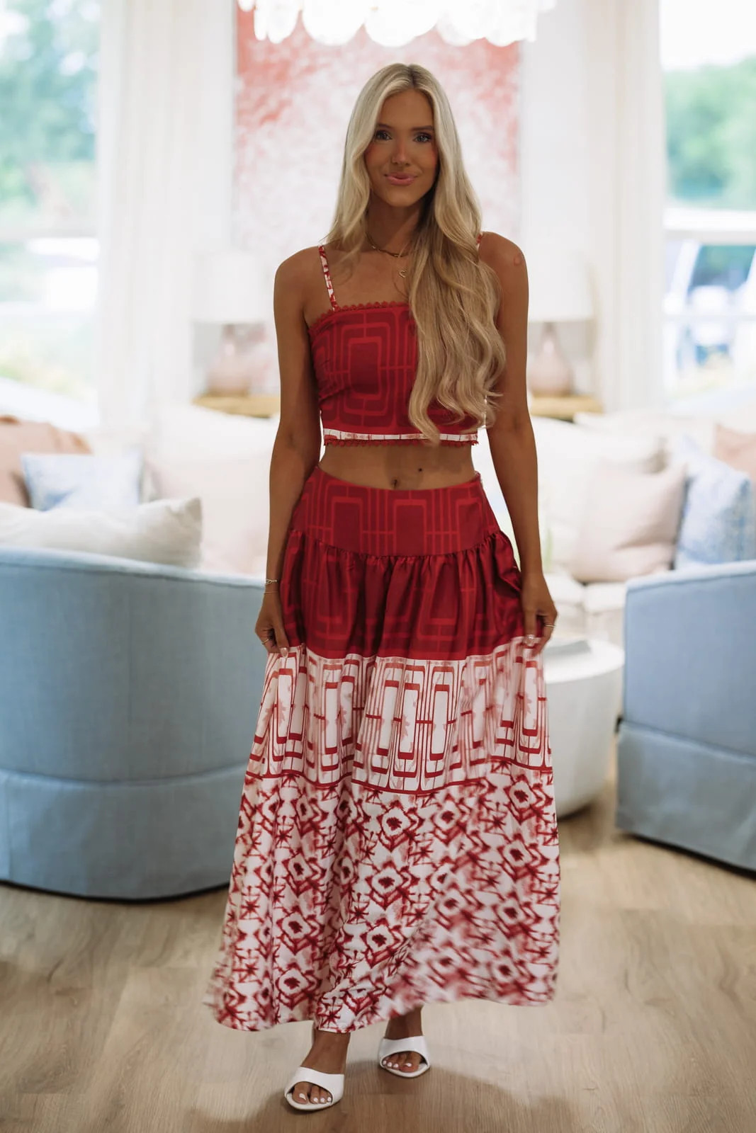 Atlas Print Top and Midi Skirt Set - Maroon, Red and Off White | Hazel and Olive