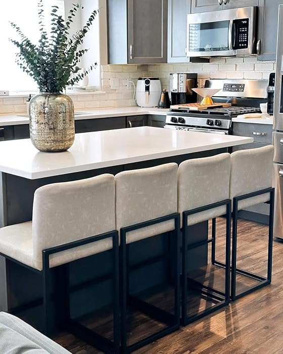 PHI VILLA Light Grey Bar Stools Set of 4, Counter Height Bar Stool Faux Leather Kitchen Bar Chair... | Amazon (US)