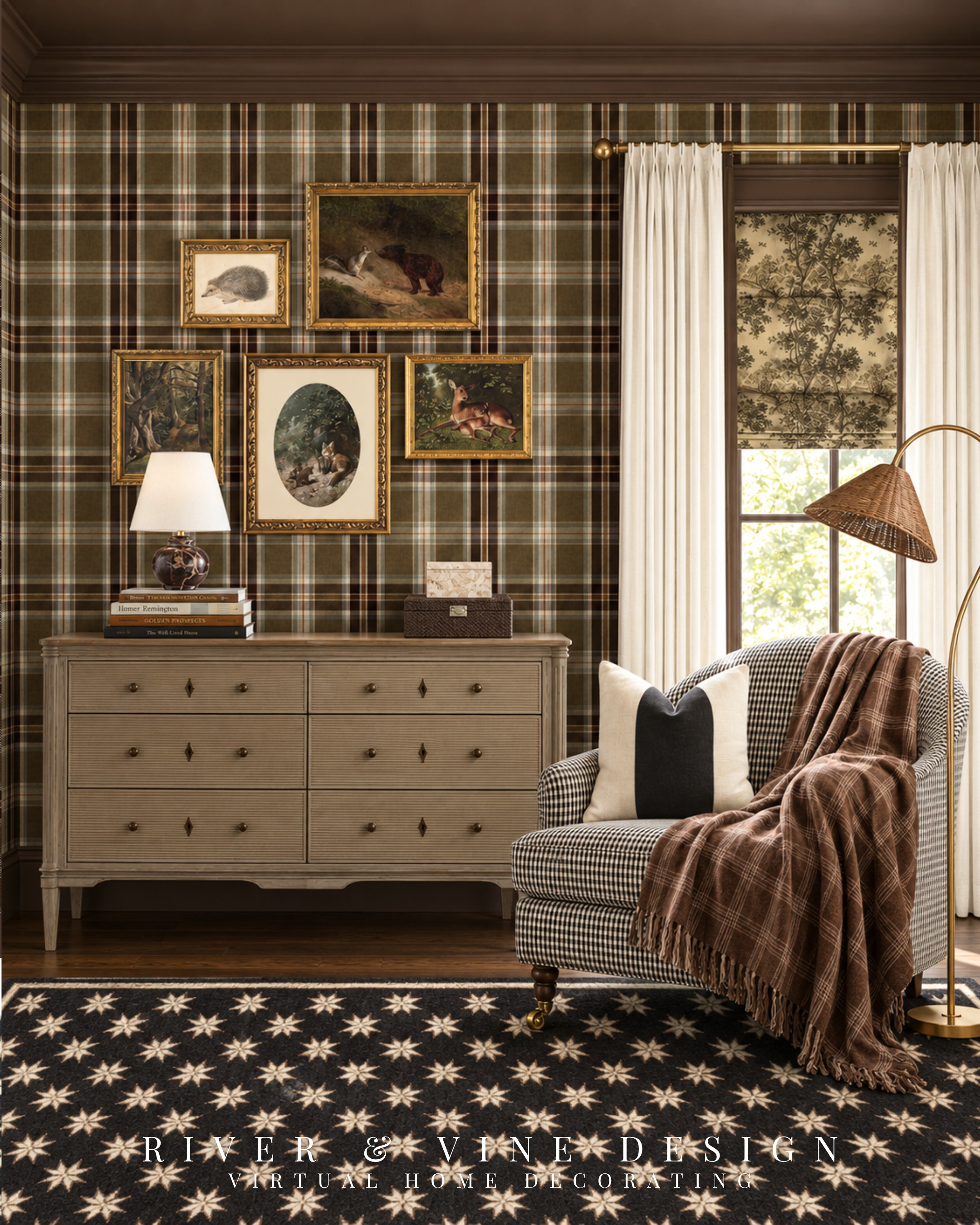 You’ve chosen the wallpaper, but now every piece of artwork feels like it might compete with it.

In this bedroom, the gallery wall works with the plaid because the artwork repeats its brown, olive, and cream tones. There’s variety in the illustrations without introducing an entirely new palette to work around.

Look closely at the cream mats and lighter backgrounds, too. They separate the artwork from the wallpaper so the smaller details remain visible. The gold frames connect the pieces, even though their sizes and shapes differ.

If you’re choosing art for a patterned wall, consider the print, mat, and frame together. Here, that lighter space around several illustrations is an important part of the combination.

Explore the artwork and frames below to build a grouping around your favorite print.

gallery wall on plaid wallpaper, boys bedroom artwork, vintage style animal prints, gold gallery wall frames, art above bedroom dresser, traditional kids bedroom, brown and olive bedroom decor, artwork for patterned walls

I may receive a commission from purchases made through my links.
 

 #LTKHome #LTKKids
