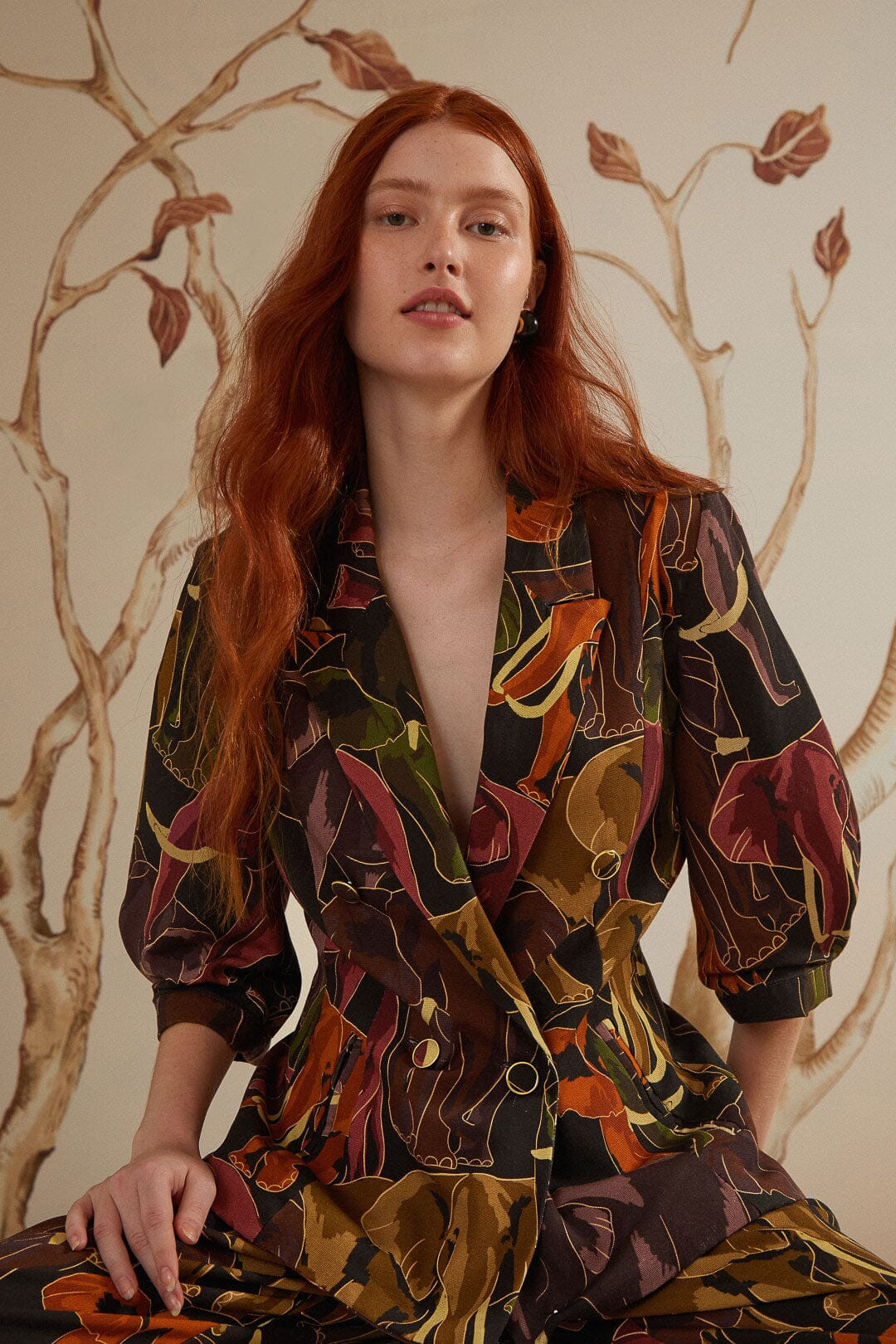 Brown Elephants Short Sleeve Blazer | FarmRio (US)