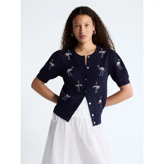 Free Assembly Women's and Women's Plus Beaded Cardigan Sweater with Short Puff Sleeves, Lightweig... | Walmart (US)
