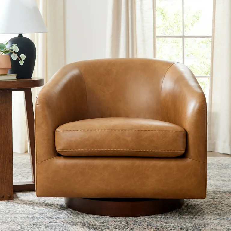 Better Homes & Gardens Bradford Wooden Base Swivel Accent Chair, Chestnut Faux Leather | Walmart (US)