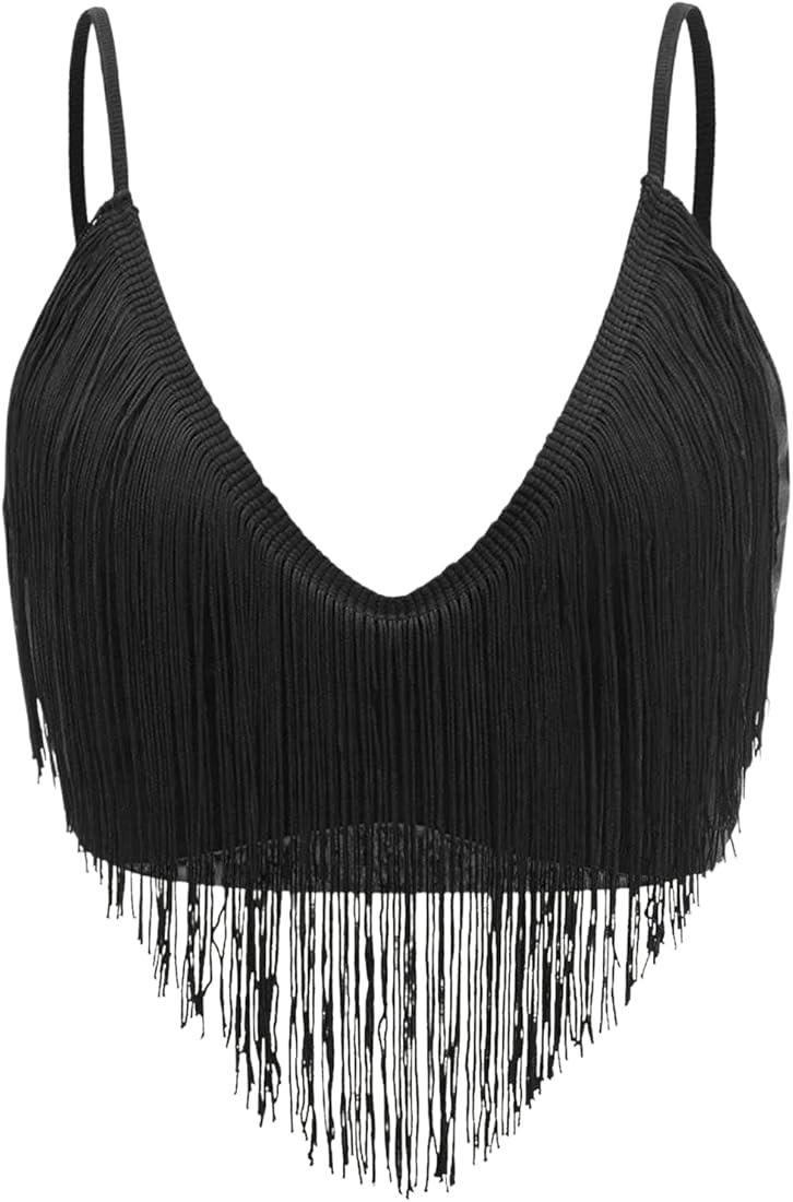 Verdusa Women's Fringe Trim V Neck Sleeveless Ribbed Crop Cami Top | Amazon (US)
