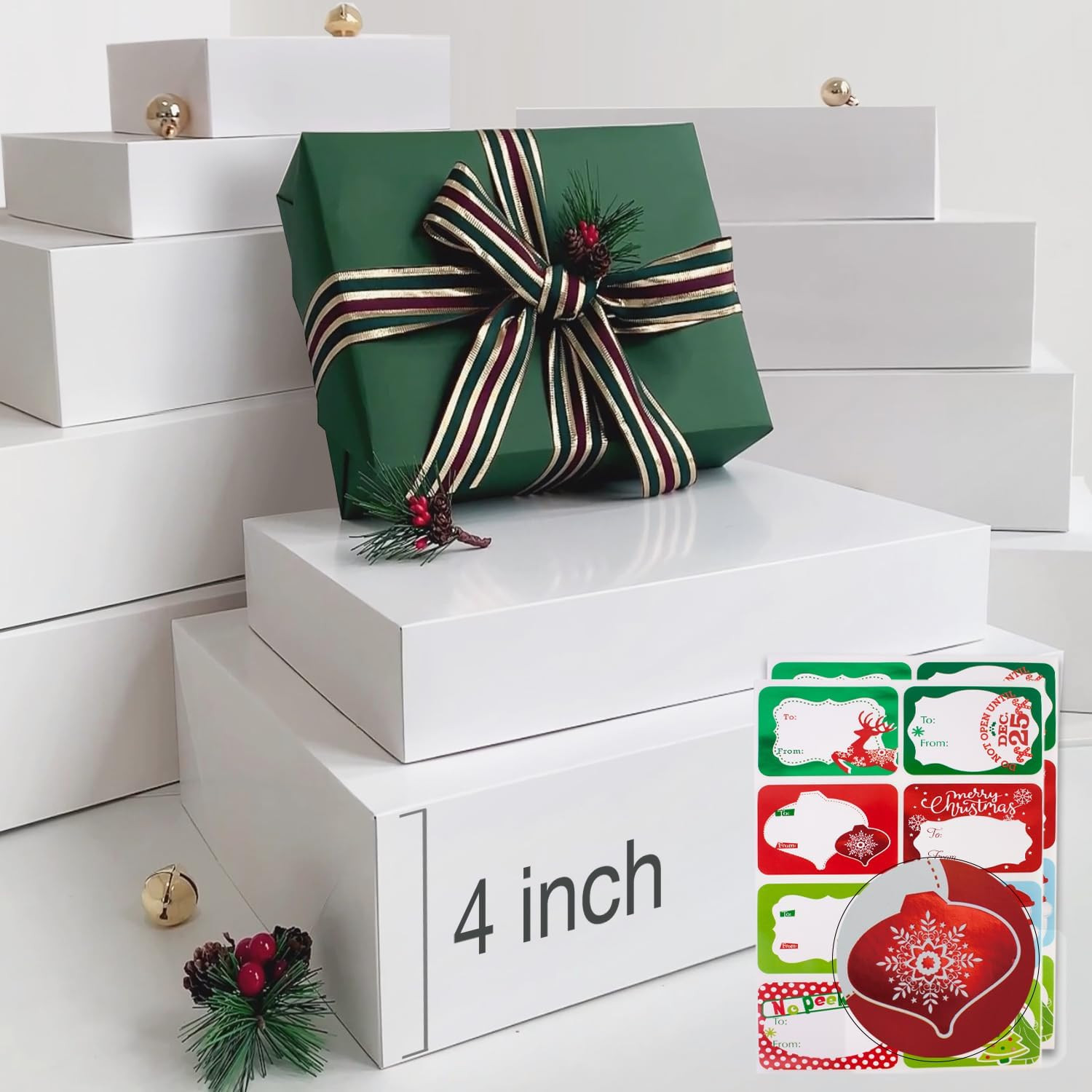 12 White Gift Wrap Boxes with Lids for wrapping Large Clothes and 80 Count Foil Christmas Tag Sti... | Amazon (US)