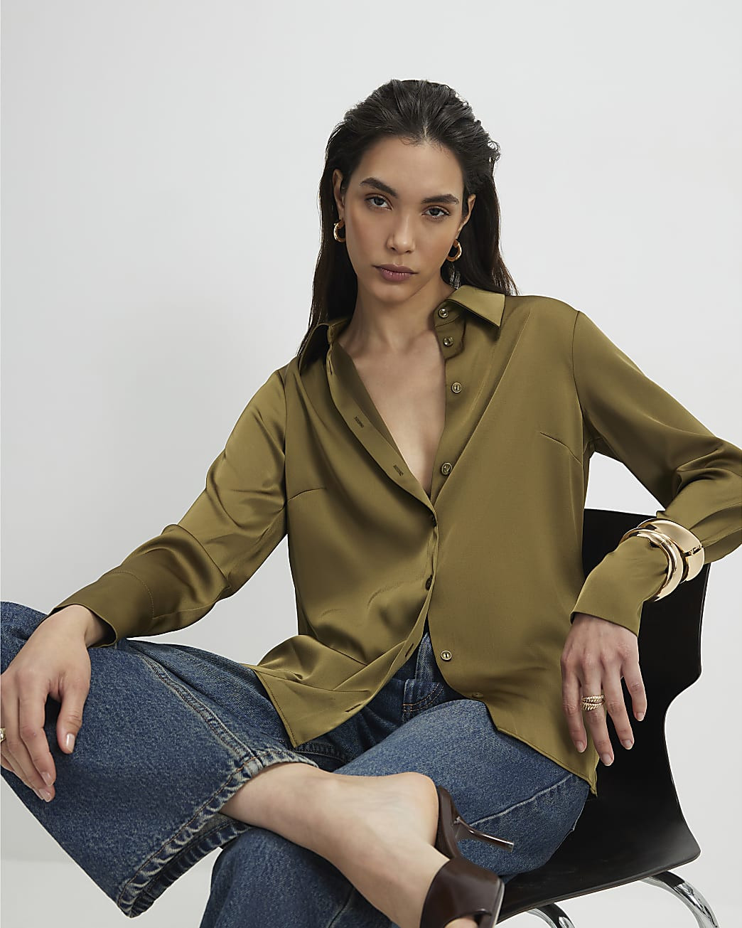 Khaki Satin Long Sleeve Slim Fit Shirt | River Island UK & IE