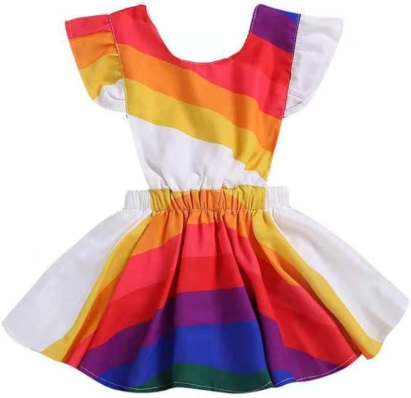 Summer Dress for Toddler Girls Fly Sleeve Rainbow Striped Dress Backless Beach Sundress | Amazon (US)