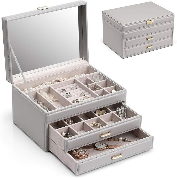 Vlando Jewelry Box for Women Gift,Faux Leather Large-Capacity Jewelry Organizer 2 Drawn,Mirror Je... | Amazon (US)