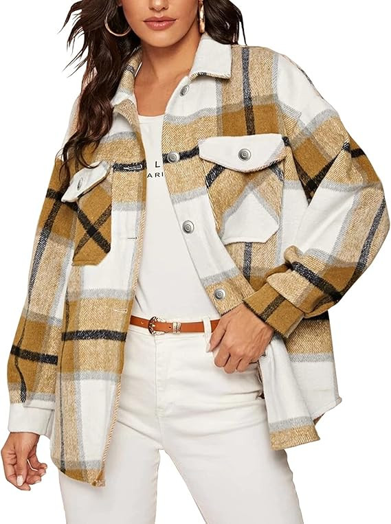 Locachy Women's Casual Plaid Button Down Wool Blend Long Sleeve Jackets Outerwear | Amazon (US)