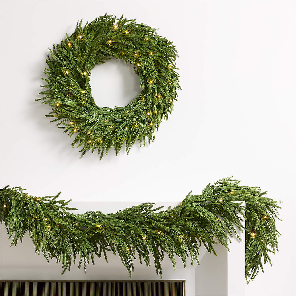 Faux Pre-Lit Norfolk Pine Wreath & Garland Set | Crate & Barrel | Crate & Barrel