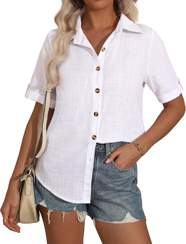 Women Linen Button Down Shirt Cotton Short Sleeve Blouses V Neck Collared Button Up 2025 Summer B... | Amazon (US)