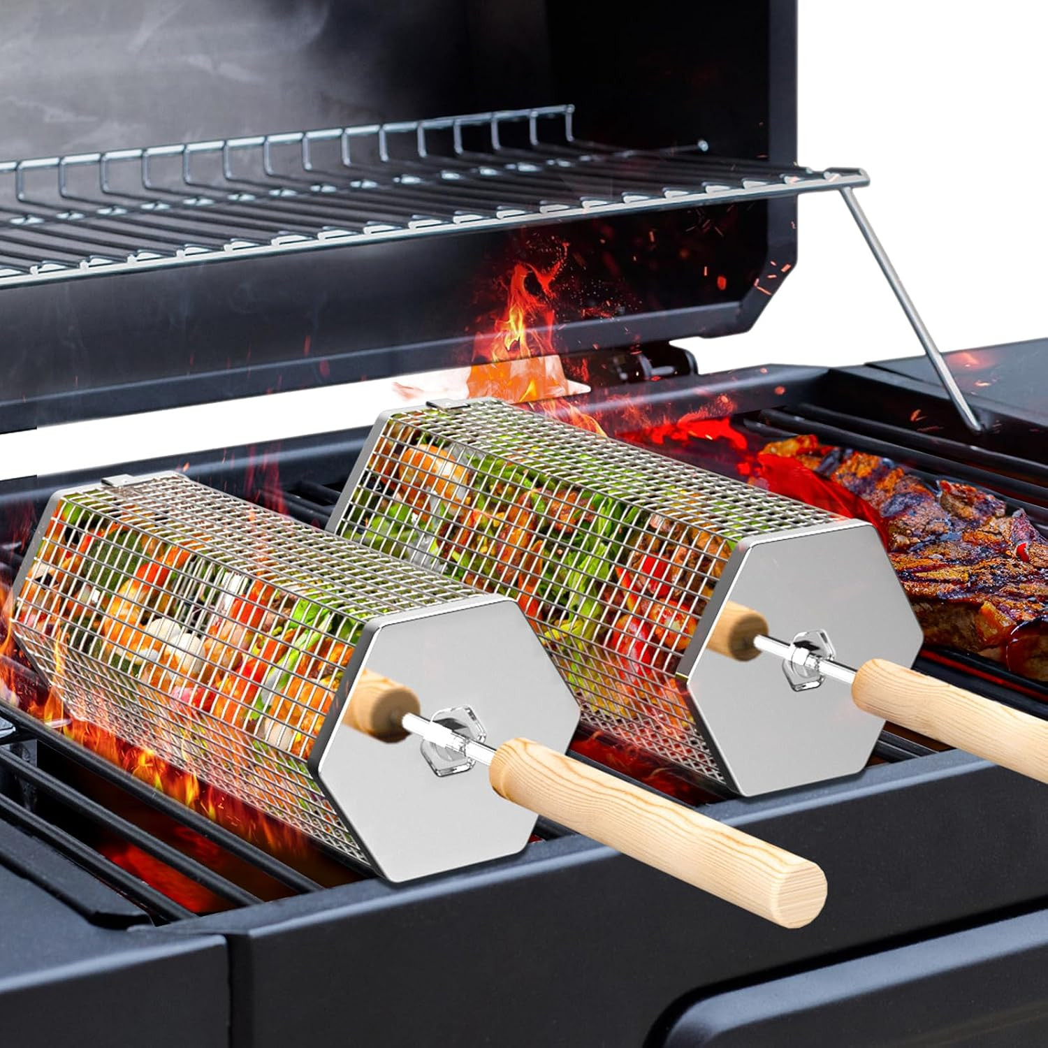 Ivtivfu Nesting Grill Baskets (2PCS, 2024), Removable Wooden Handle, 304 Stainless Steel, Rolling Grilling Net, BBQ Accessories Tools for Vegetables Shrimp, Outdoor Cooking Camping, Gifts for Men Dad Husband | Amazon (US)