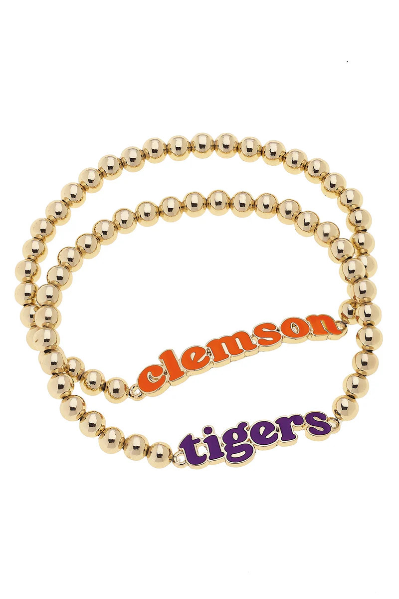 Clemson Tigers Slogan Ball Bead Bracelet Set of 2 in Orange/Purple/Shiny Gold | CANVAS