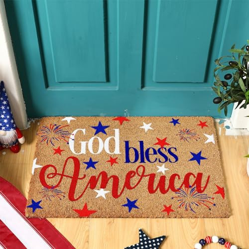Ceenna 4th of July Patriotic Coir Door Mat Outdoor Red White Blue God Bless American Welcome Rug Patriotic Doormat Non-Slip Entrance Rugs for Independence Day Memorial Day Home Decor 16 x 28 Inch | Amazon (US)