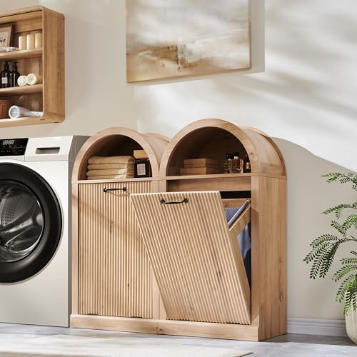 IFGET Arched Tilt-Out Trash Can Cabinet, Fluted 10 Gallon Trash Can Cabinet Set of 2, Modern Laundry Hamper, Hidden Garbage with Storage Basket for Kitchen, Living Room, Natural | Amazon (US)