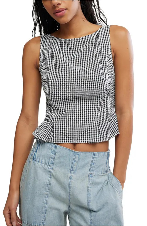 Free People Sunfaded Gingham Peplum Top in Black And White Comb at Nordstrom, Size Medium | Nordstrom