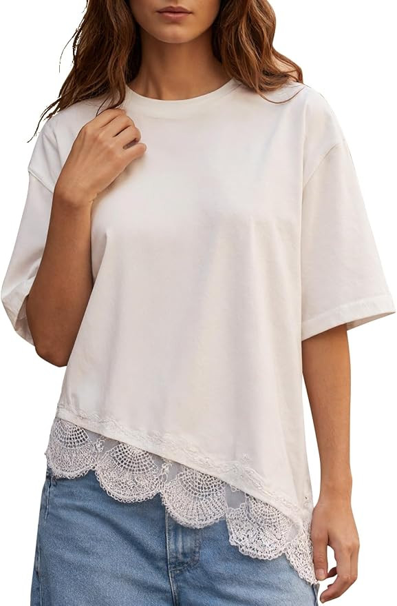 Women's Summer Tops 2026 Oversized Lace Trim T Shirts Casual Loose Half Sleeve Asymmetrical Hem T... | Amazon (US)
