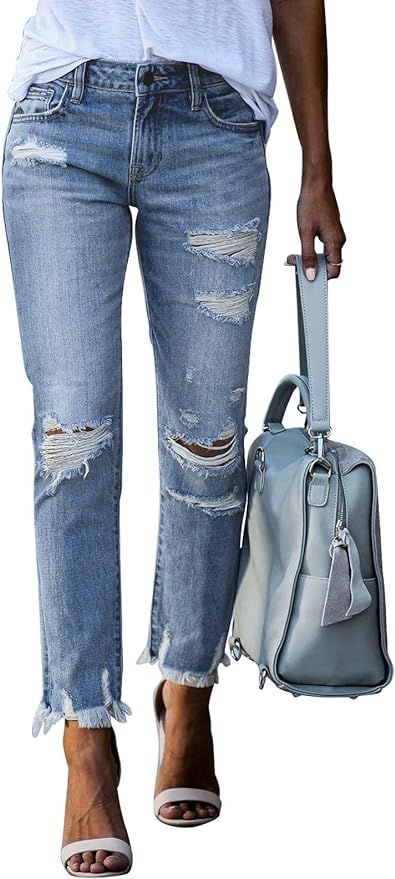 Sidefeel Women Patchwork Destroyed Raw Hem Jeans Ripped Hole Denim Pants | Amazon (US)