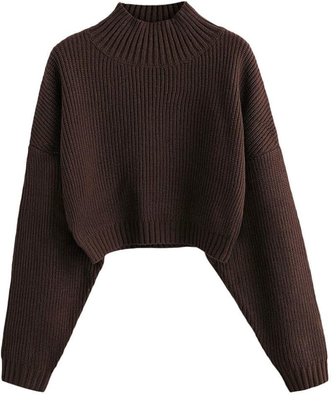ZAFUL Women's Pullover Sweater Drop Shoulder Plain Knitted Cropped Sweater Pullover Solid Long Sl... | Amazon (US)