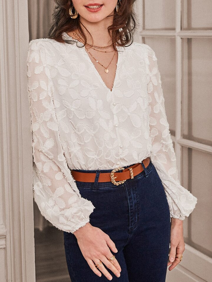 SHEIN Frenchy Jacquard Lantern Sleeve Blouse | SHEIN