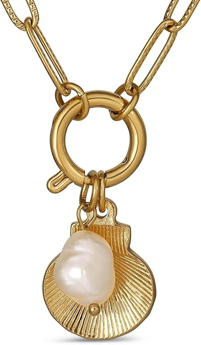 18k Gold Plated Stainless Steel Chain Link Seashell Necklace with Pearl, 18 Inch | Amazon (US)