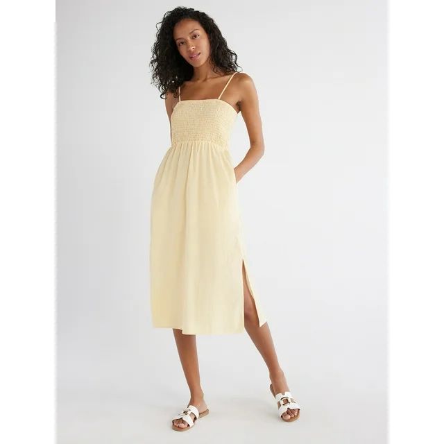 Time and Tru Women's Smocked Bodice Midi Dress with Side Slits, Sizes XS-XXXL | Walmart (US)