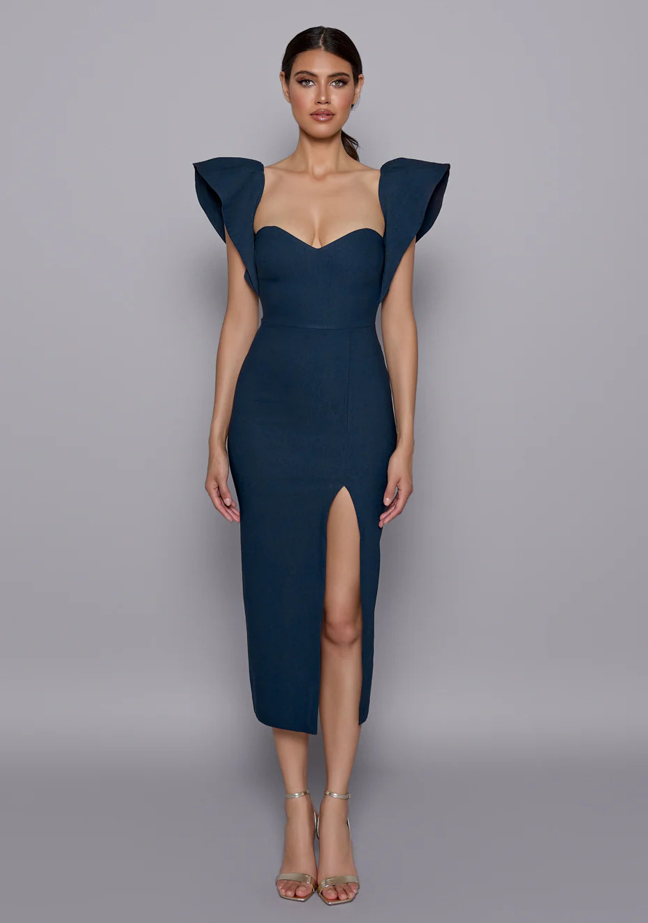 Sunday | Frill Shoulder Navy Midaxi Dress | VSPR UK