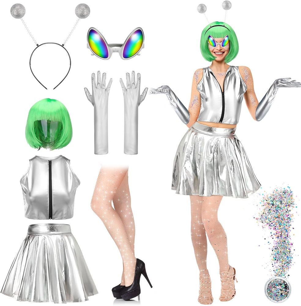 Toulite 8 Pcs Halloween Alien Costume for Women with Metallic Top Skirt Space Dress Up Party Supp... | Amazon (US)