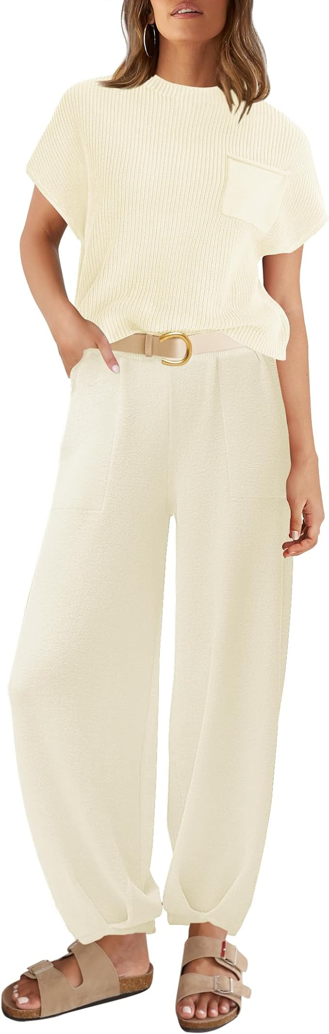 ZESICA Women's 2 Piece Outfits Sweater Set Short Sleeve Mock Neck Knit Pullover Top High Waist Pa... | Amazon (US)