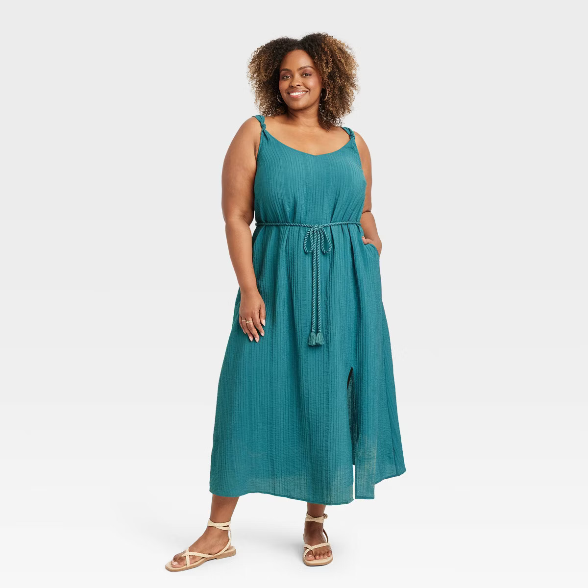 Women's Textured Knot Sleeve Tie-Front Midi A-Line Dress - Ava & Viv™ | Target