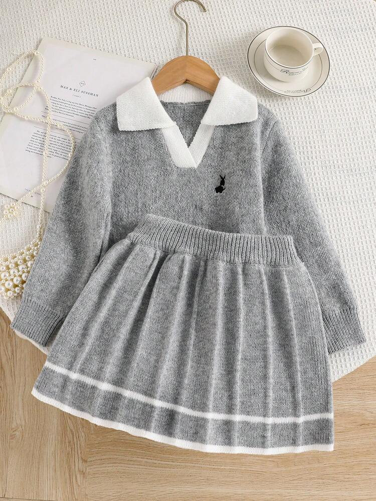 SHEIN Playful Pals 2pcs Girls Knitted Winter Set, Cute Embroidered Rabbit Decor Long Sleeve Sweat... | SHEIN