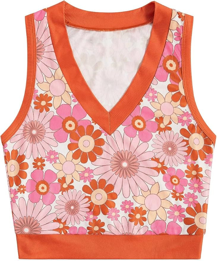 Verdusa Women's Floral Print Contrast Binding V Neck Ribbed Crop Tank Top | Amazon (US)