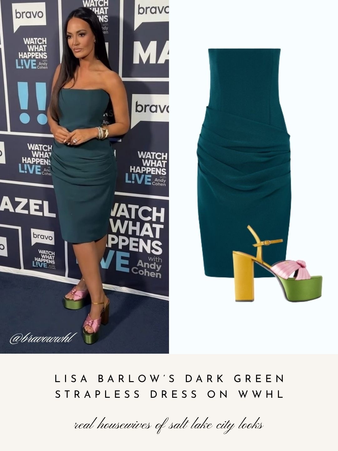 Lisa Barlow’s Dark Green Strapless Dress on WWHL 📸 = @bravowwhl